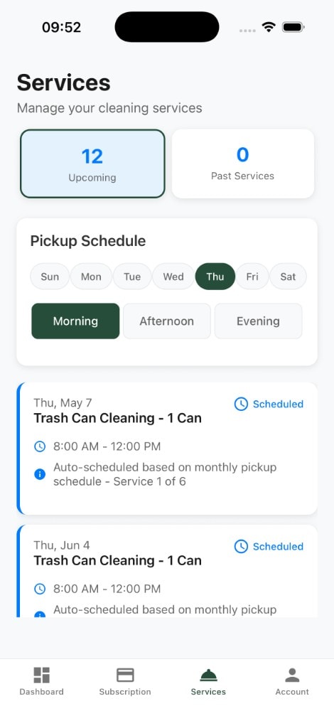 ZenCan services screen with upcoming/past tabs and a weekly pickup schedule selector with day and time-of-day choice
