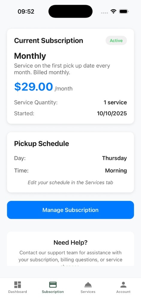 ZenCan subscription management screen showing monthly plan price, schedule, and Manage Subscription button